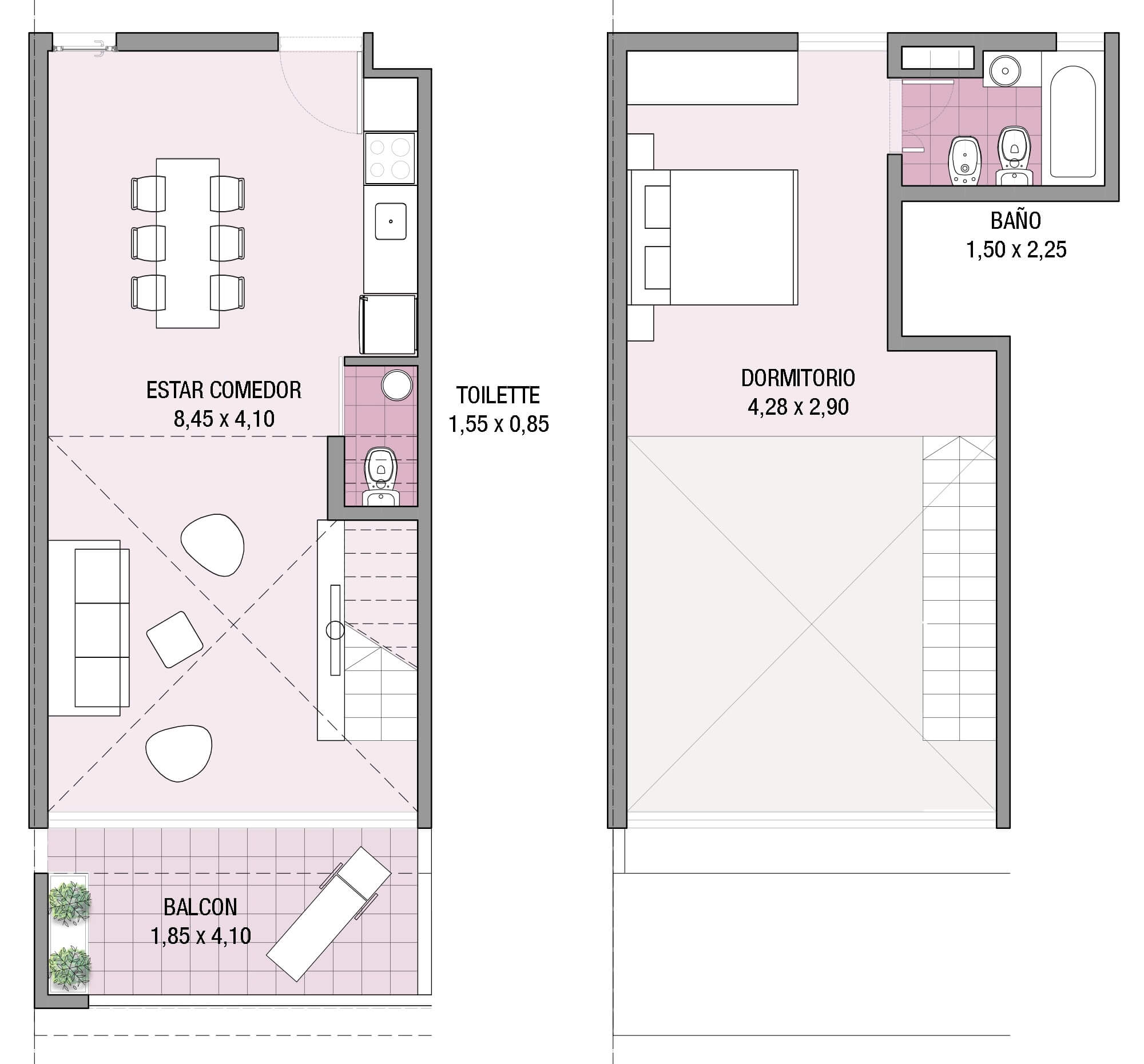 Planta de arquitectura del departamento duplex 3A del proyecto Paroissien 4646