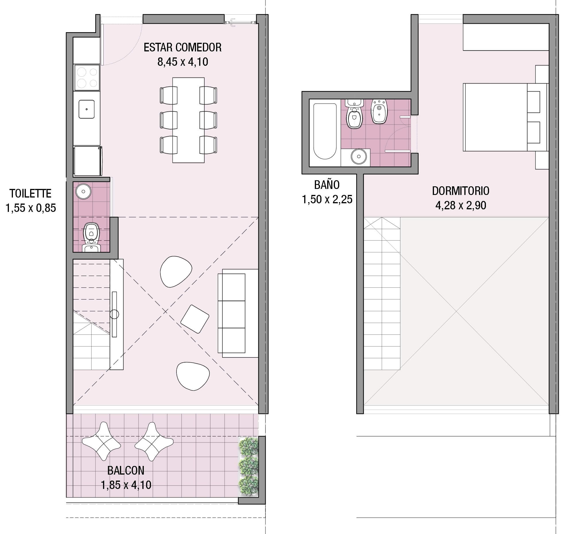 Planta de arquitectura del departamento duplex 3B del proyecto Paroissien 4646