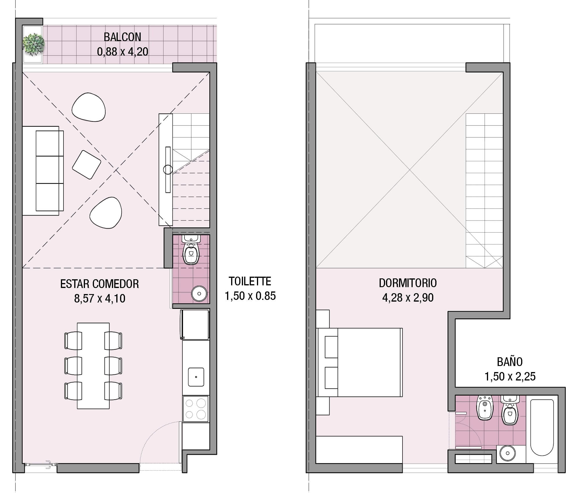 Planta de arquitectura del departamento duplex 3C del proyecto Paroissien 4646